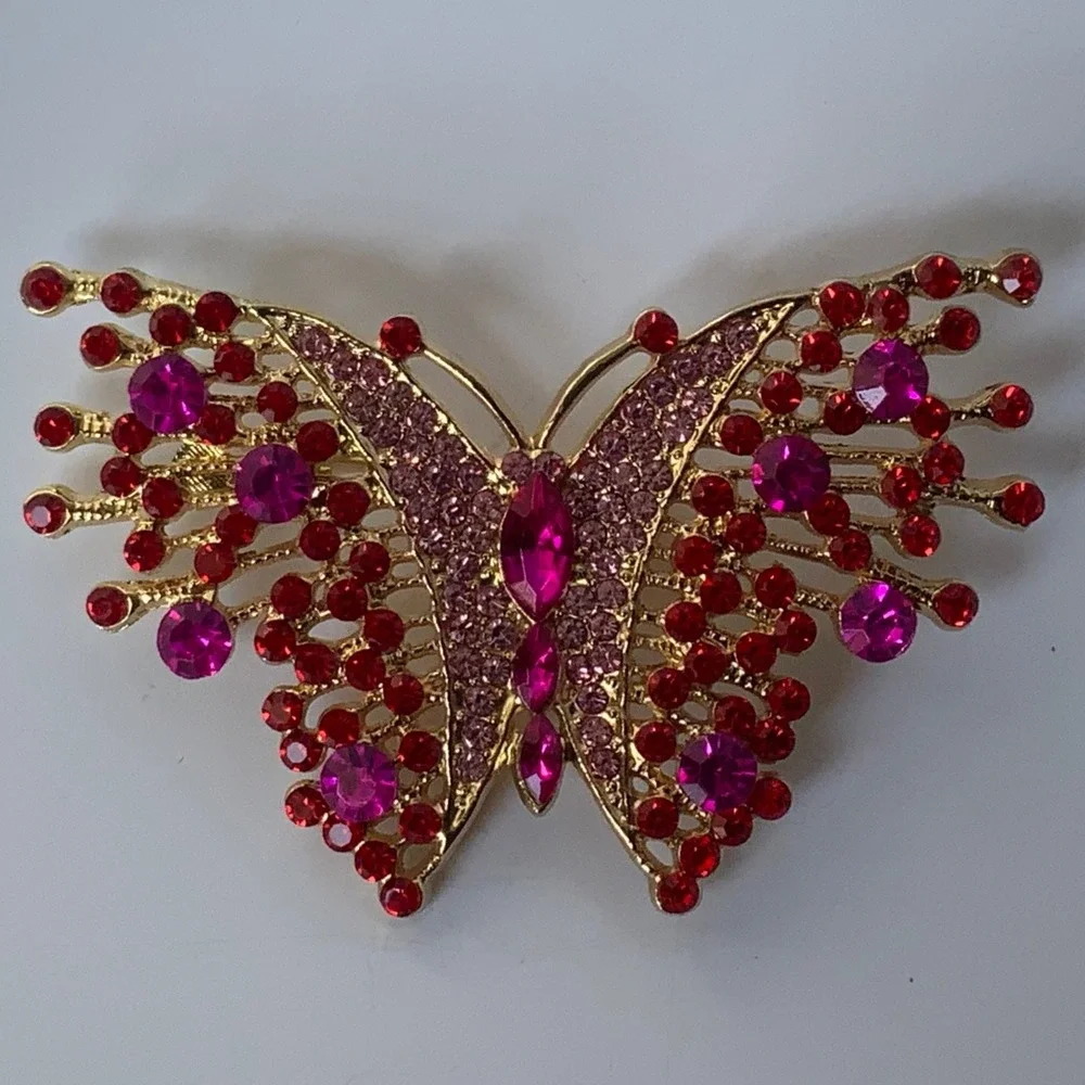 Large Sparkling Fuchsia & Red Crystal Butterfly Brooch Pin Gold Tone Gift Bag